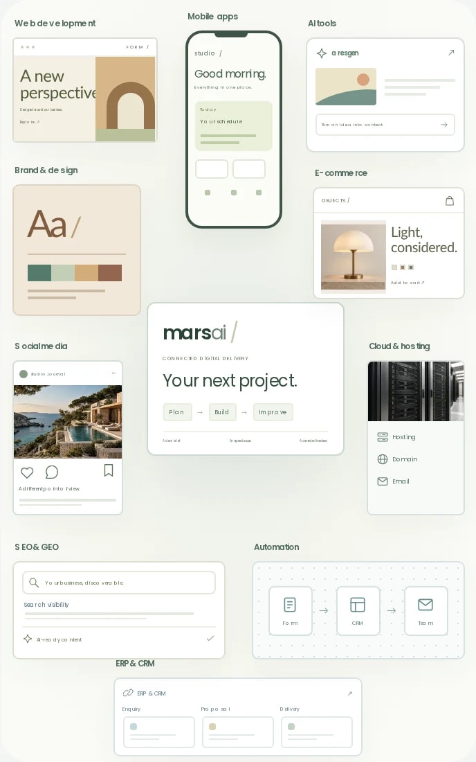 AI tools, web and mobile development, design, e-commerce, social media, cloud, automation, SEO and GEO, and ERP and CRM connected around a Mars AI project